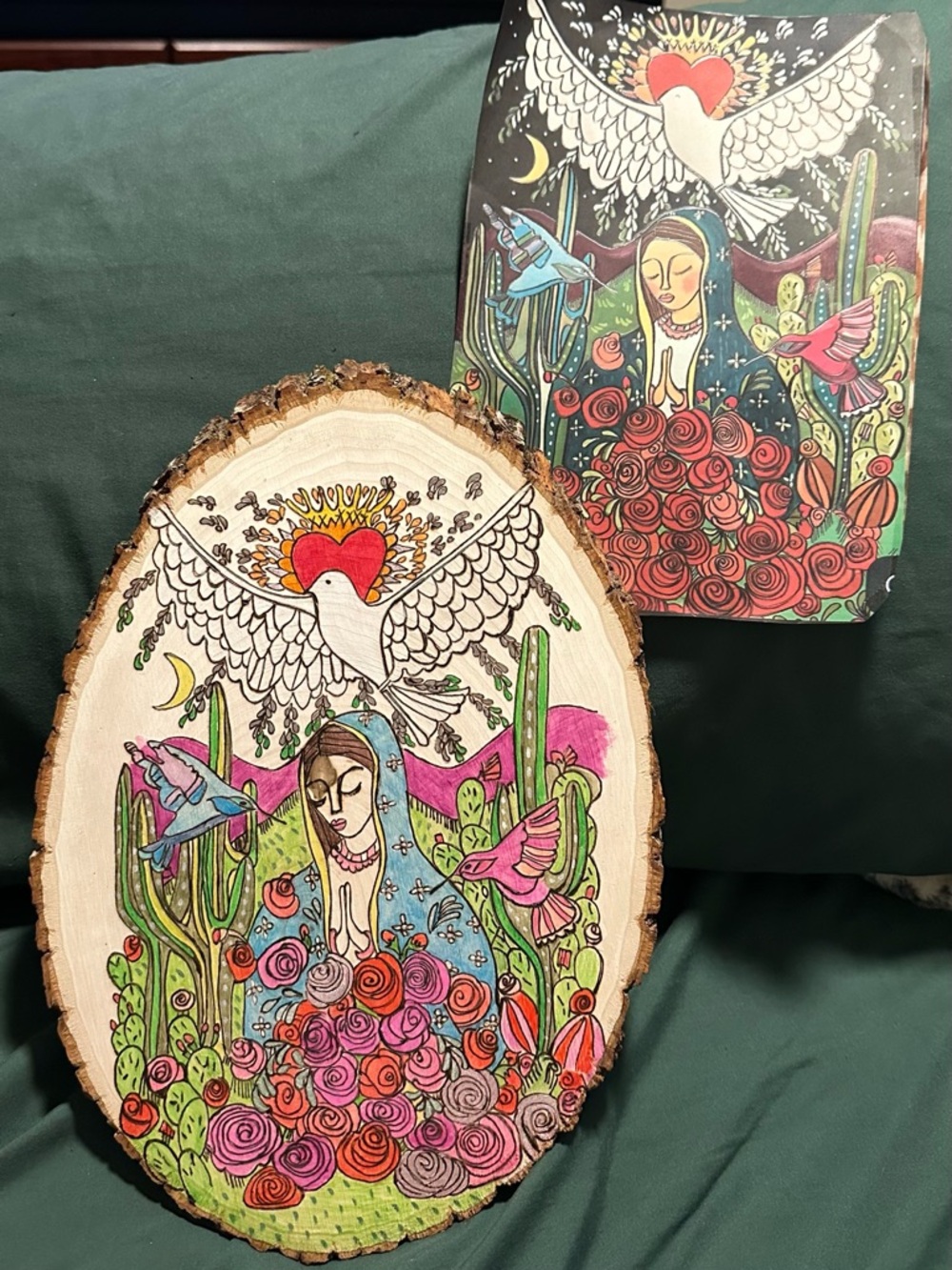Wood burning done by hand 
Color is done with watercolor pencils